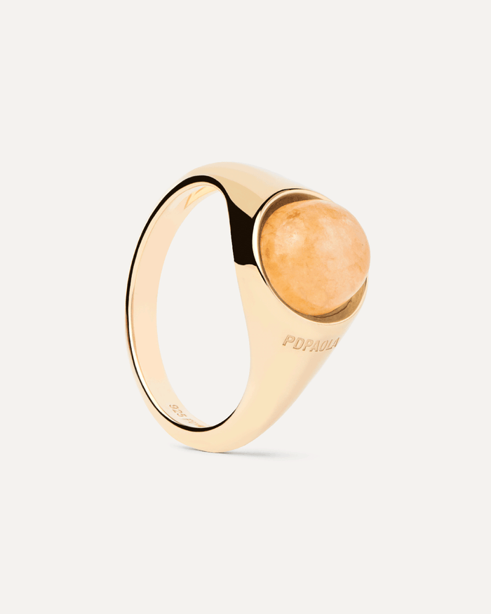 Gold-plated half sphere ring topped with an oval yellow gemstone | Yellow  Aventurine Moon Ring | PDPAOLA