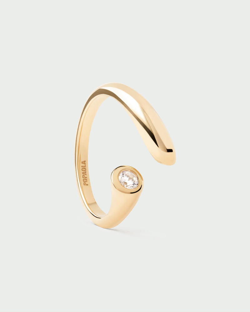 Gold-plated dainty open ring set with round white zirconia and fluid lines