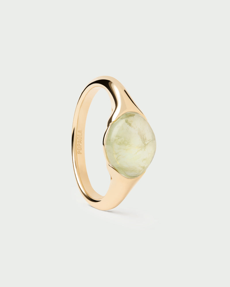 Gold-plated dainty stamp ring embellished with a green oval gemstone