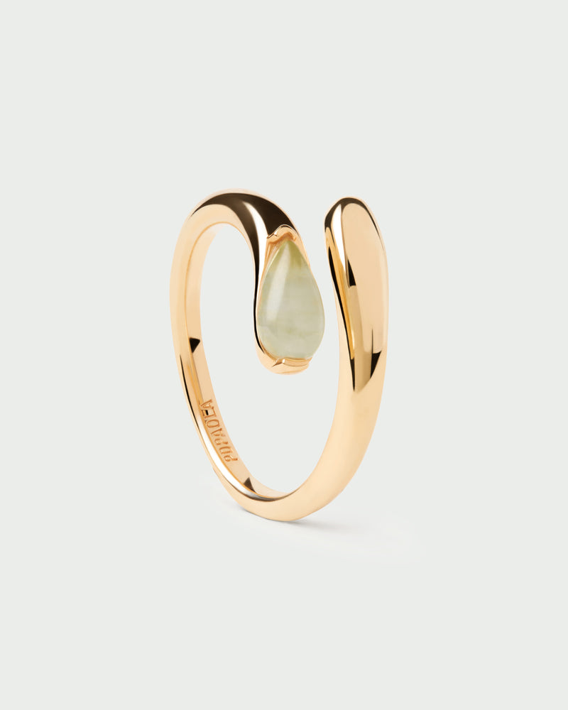 Gold-plated fluid open ring embellished with a green oval gemstone