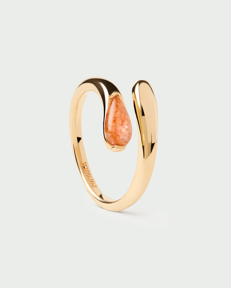 Gold-plated fluid open ring embellished with an orange oval gemstone