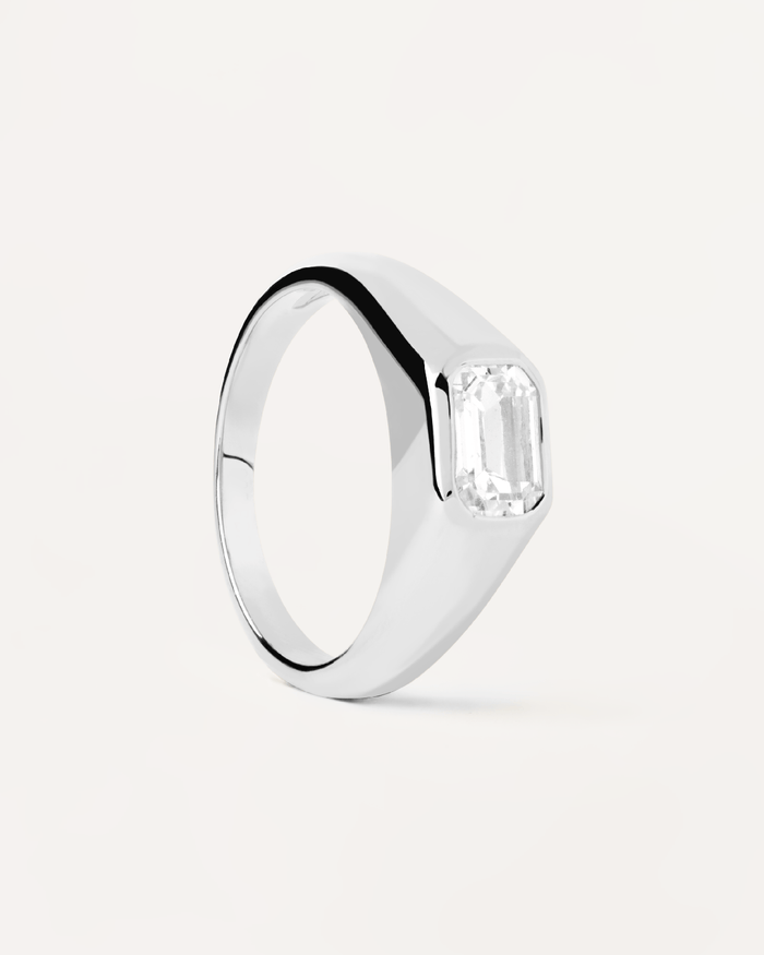 Sterling silver statement ring with rectangular white zirconia