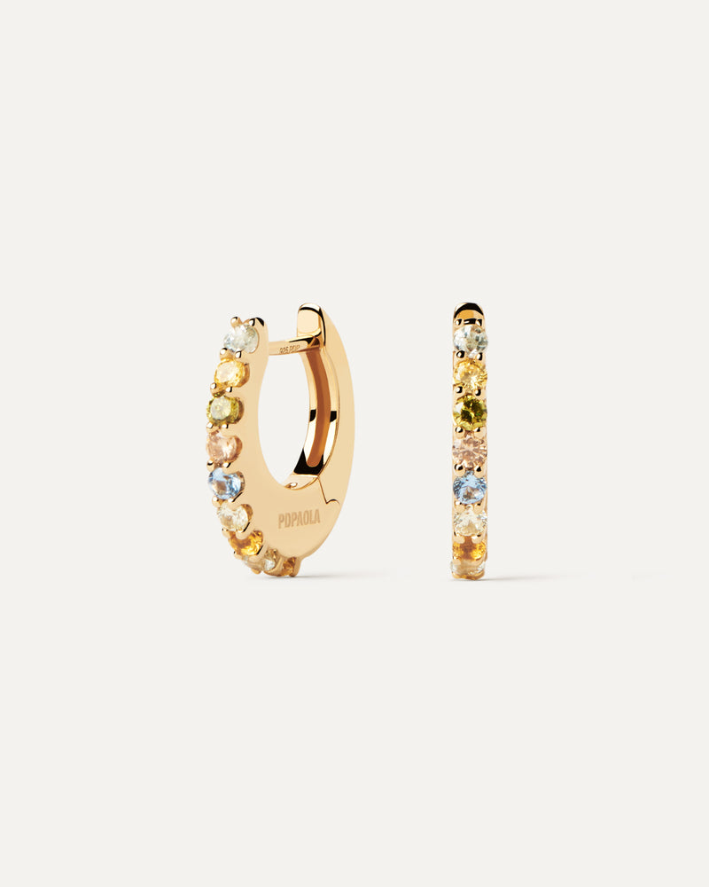 Gold-plated hoop earrings embellished with contrasting multicolor cubic zirconias