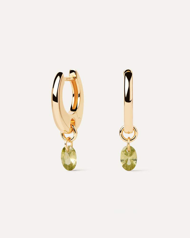 Gold-plated hoop earrings with a green zirconia drop pendant