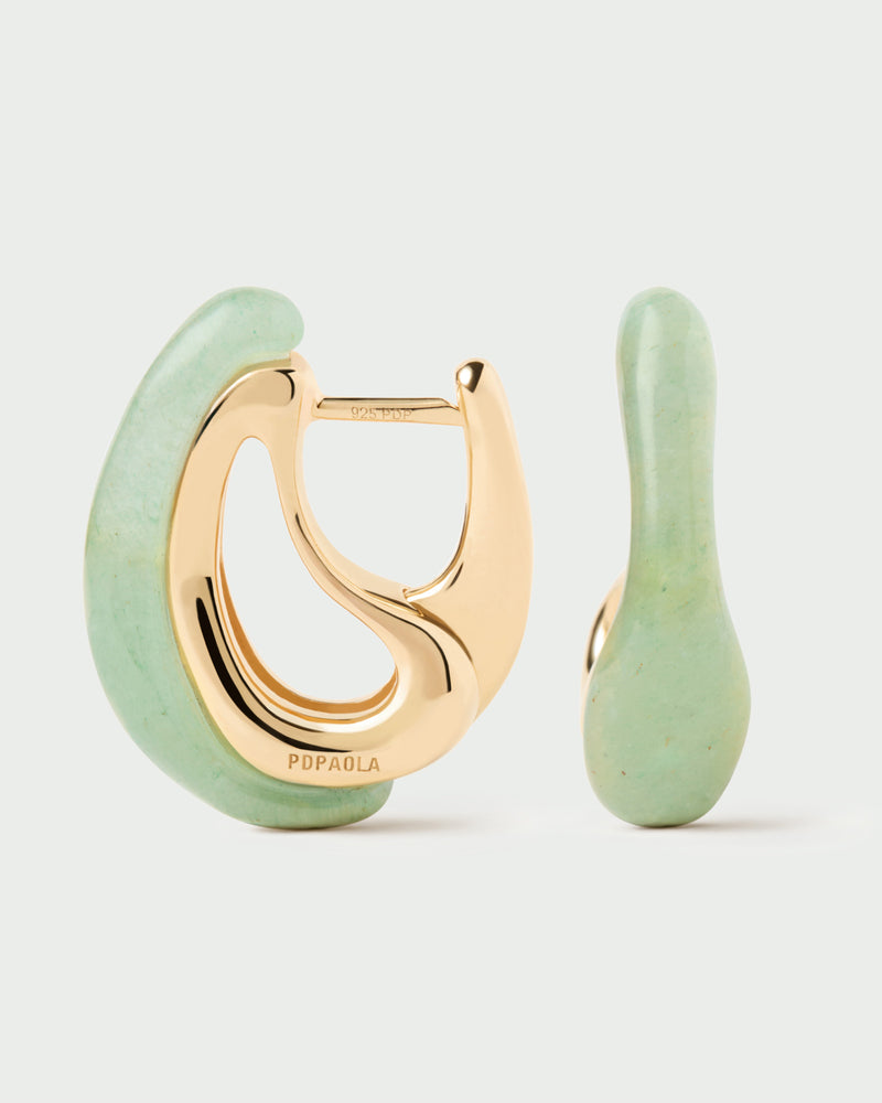 Gold-plated sculptural hoop earrings embellished with a wavy drop green gemstone