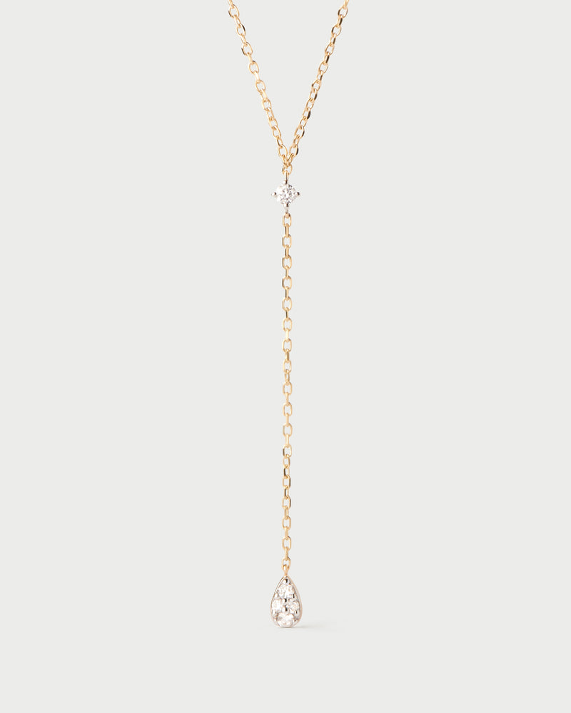 Y chain necklace in yellow gold with two round lab-grown diamonds and a long drop pendant