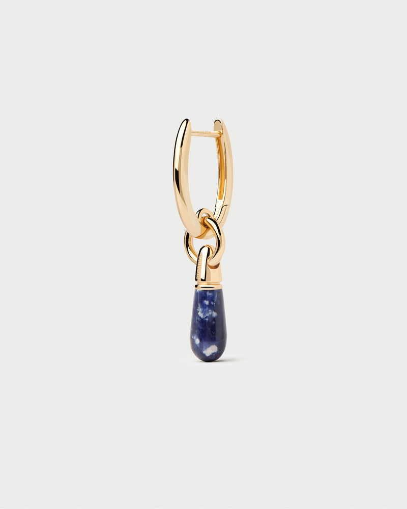 Gold-plated single hoop with a small royal blue gemstone drop pendant