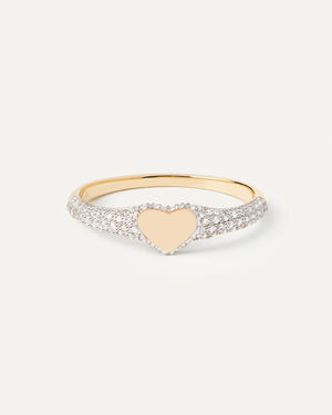 Heart-shaped signet ring in solid yellow gold set with 76 pavé lab ...