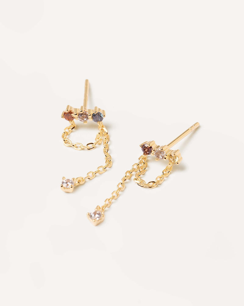 Dainty chain earrings in gold-plated silver with five color stones ...