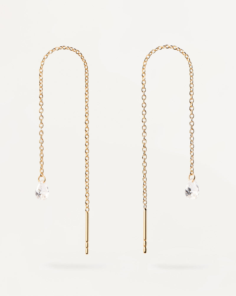 Long delicate earrings in gold-plated silver with drop zirconia pendant