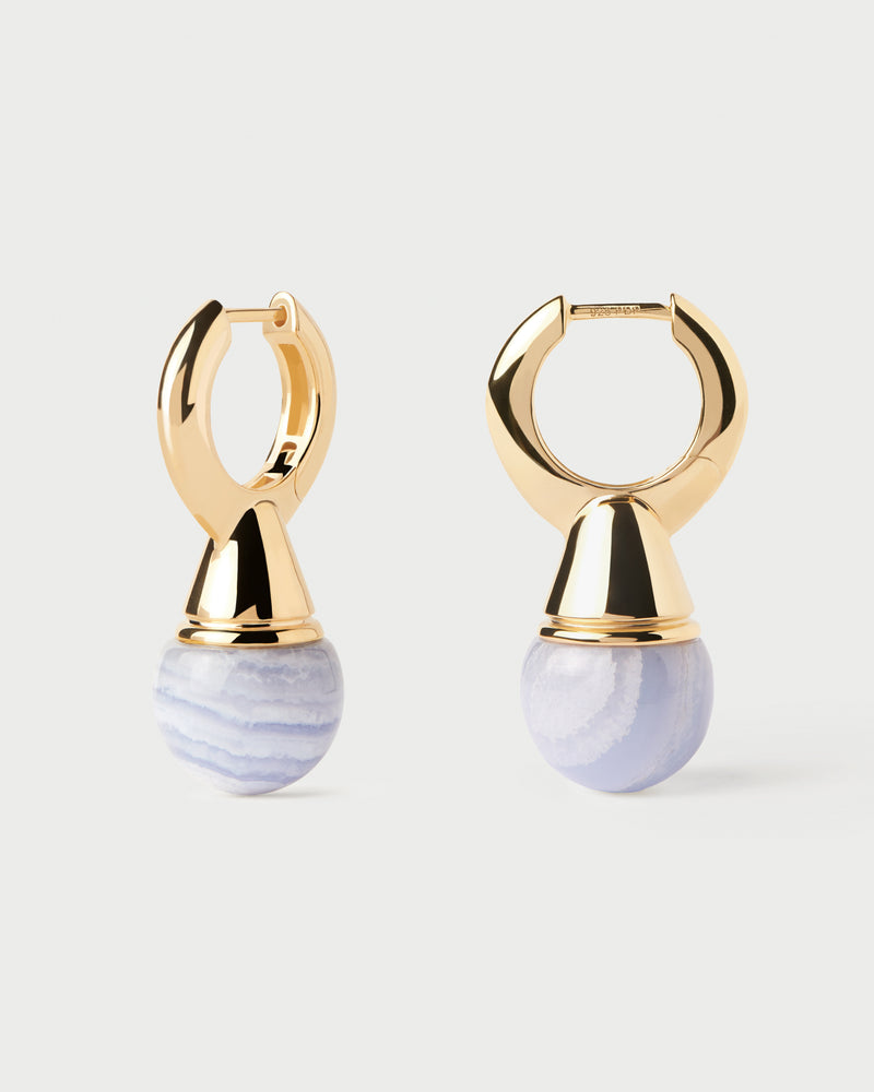 Gold-plated statement hoop earrings with a blue gemstone sphere pendant