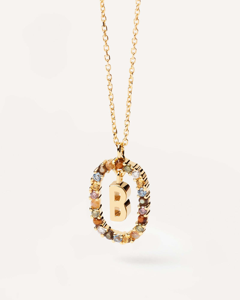 Initial B necklace in gold-plated silver, circled by colorful gemstones