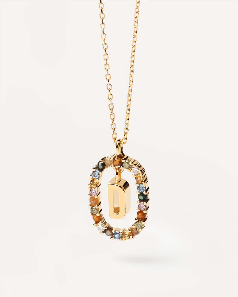 Initial D necklace in gold-plated silver, circled by colorful gemstones