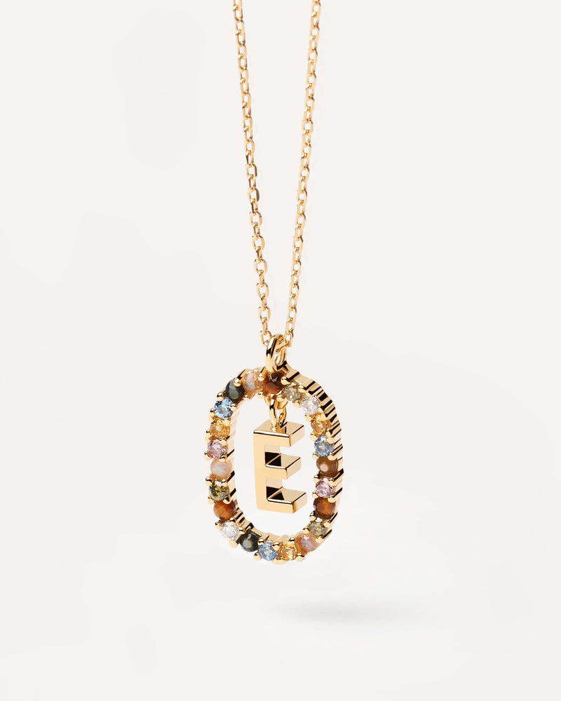 Initial E necklace in gold-plated silver, circled by colorful gemstones