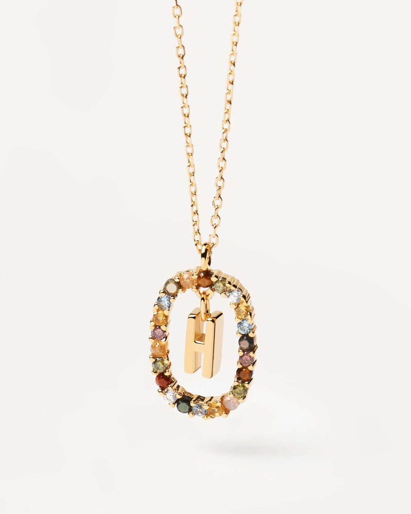 Initial H necklace in gold-plated silver, circled by colorful gemstones