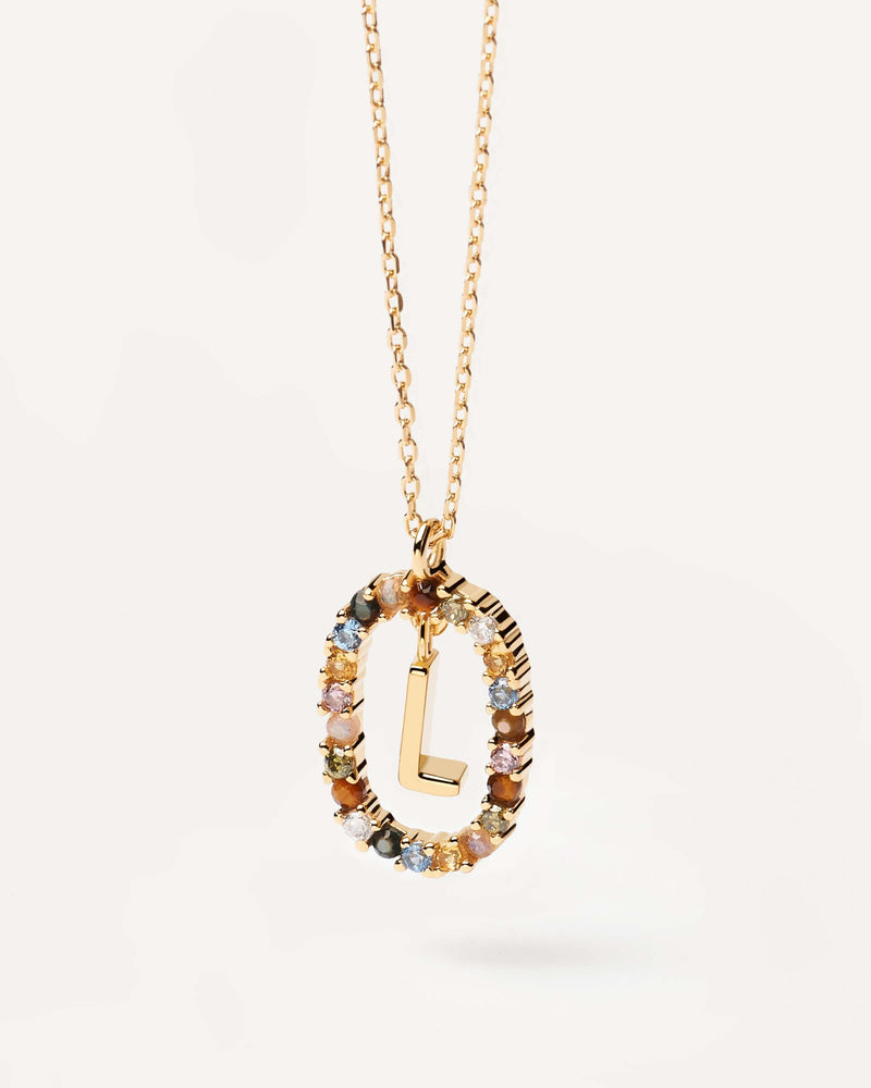 Initial L necklace in gold-plated silver, circled by colorful gemstones