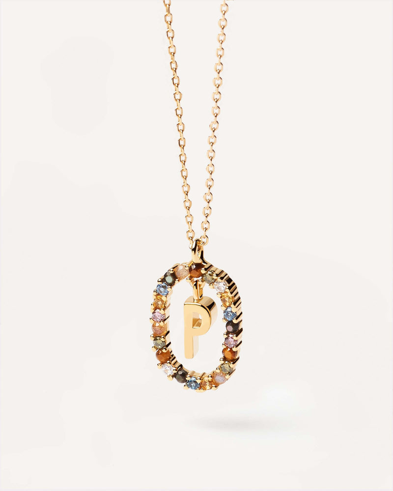 Initial P necklace in gold-plated silver, circled by colorful gemstones