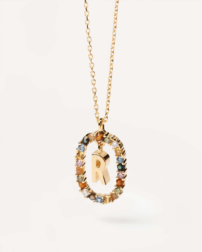 Initial R necklace in gold-plated silver, circled by colorful gemstones