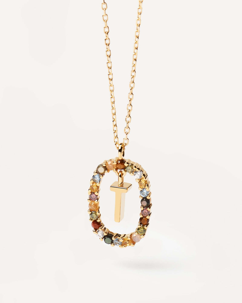 Initial T necklace in gold-plated silver, circled by colorful gemstones