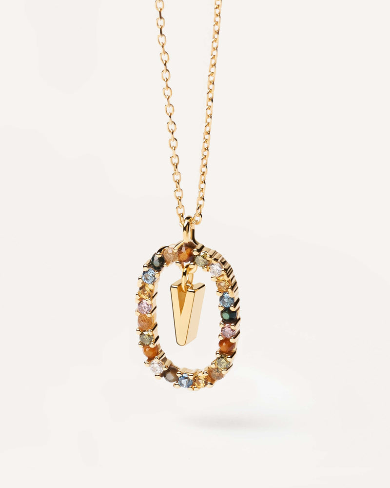 Initial V necklace in gold-plated silver, circled by colorful gemstones