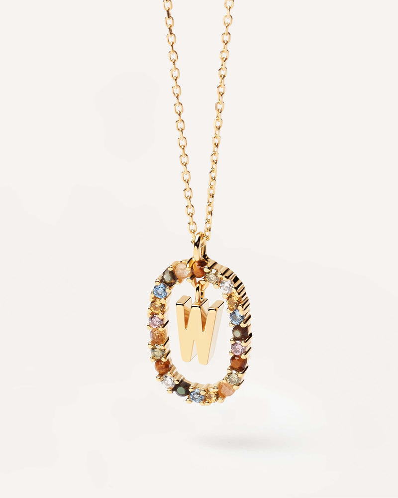 Initial W necklace in gold-plated silver, circled by colorful gemstones