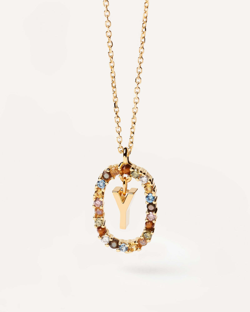 Initial Y necklace in gold-plated silver, circled by colorful gemstones