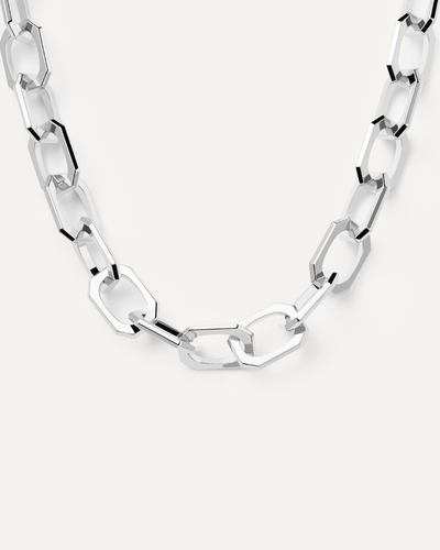 Cable chain necklace with big octogonal links in silver rhodium pla... |  Large Signature Chain Silver Necklace | PDPAOLA