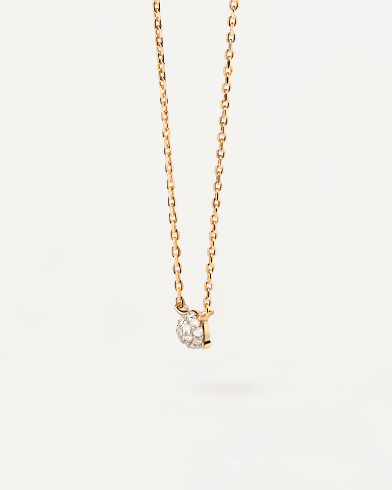 Solid yellow gold round solitary necklace with a four-prong pavé lab-grown diamond