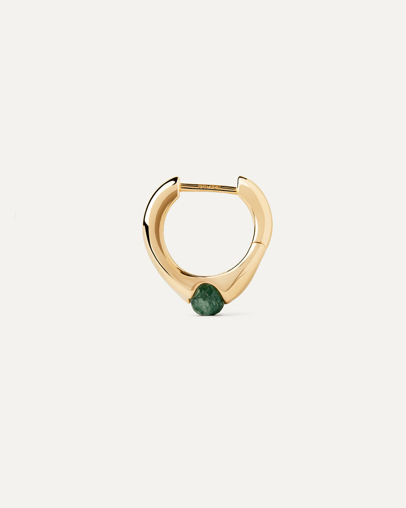 Gold-plated organic shape huggie single hoop featuring a round cut green aventurine